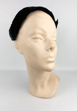 Load image into Gallery viewer, Original 1950s Black Velvet Half Hat with Leaf Trim and Silver Sequin Decoration
