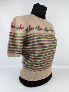 Original 1950s Fair Isle Roses Knit with Colourful Stripes - Bust 36 37