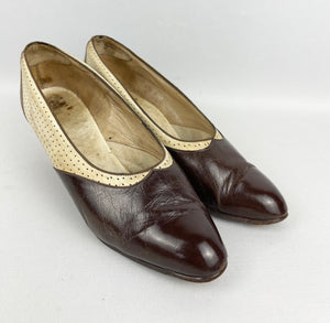 Original 1930's Two-Tone Brown and Cream Court Shoes with Punch Detail - UK 4*