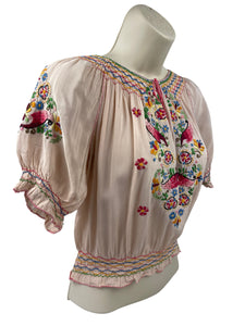 Original 1930’s Hungarian Embroidered Blouse in Pale Pink Crepe - Petite