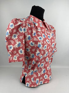 Reproduction Pretty Floral Print Blouse - Patriotic Red, White and Blue with Clear Glass - Bust 34