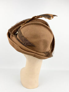 Original 1930s Brown Felt Hat with Net and Feather Trim