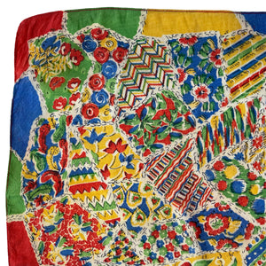 Original 1930's Pure Silk Hankie in Pretty Patchwork Design or Red, Green, Blue and Yellow - Great Gift Idea