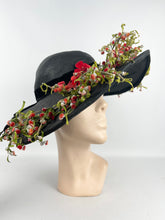 Load image into Gallery viewer, Absolutely Incredible Huge Black Straw Hat with Wonderful Flower Trim from the 1920&#39;s or 1930&#39;s *
