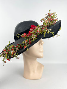 Absolutely Incredible Huge Black Straw Hat with Wonderful Flower Trim from the 1920's or 1930's *