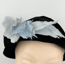 Load image into Gallery viewer, 1930s Black Velvet Hat with Ice Blue Feather Trim and Bow
