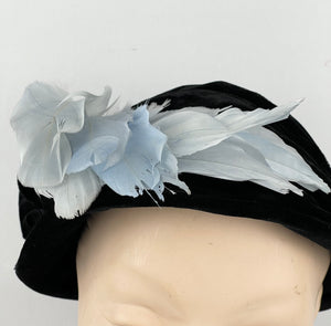 1930s Black Velvet Hat with Ice Blue Feather Trim and Bow