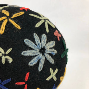 1930s Black Felt Skull Cap with Floral Wool Work Embroidery