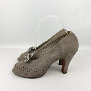 Original 1940's Grey Suede Peep-toe Shoes with Paste Clips and Punch Detail - UK 4