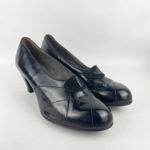 Original 1930's 1940's Deadstock in Box Black Glace Kid Leather Court Shoes by Diana - UK 6 6.5