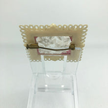 Load image into Gallery viewer, Original French 1950s Reverse Carved Lucite Brooch in a Celluloid Frame with White Flowers *
