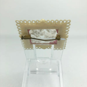 Original French 1950s Reverse Carved Lucite Brooch in a Celluloid Frame with White Flowers *