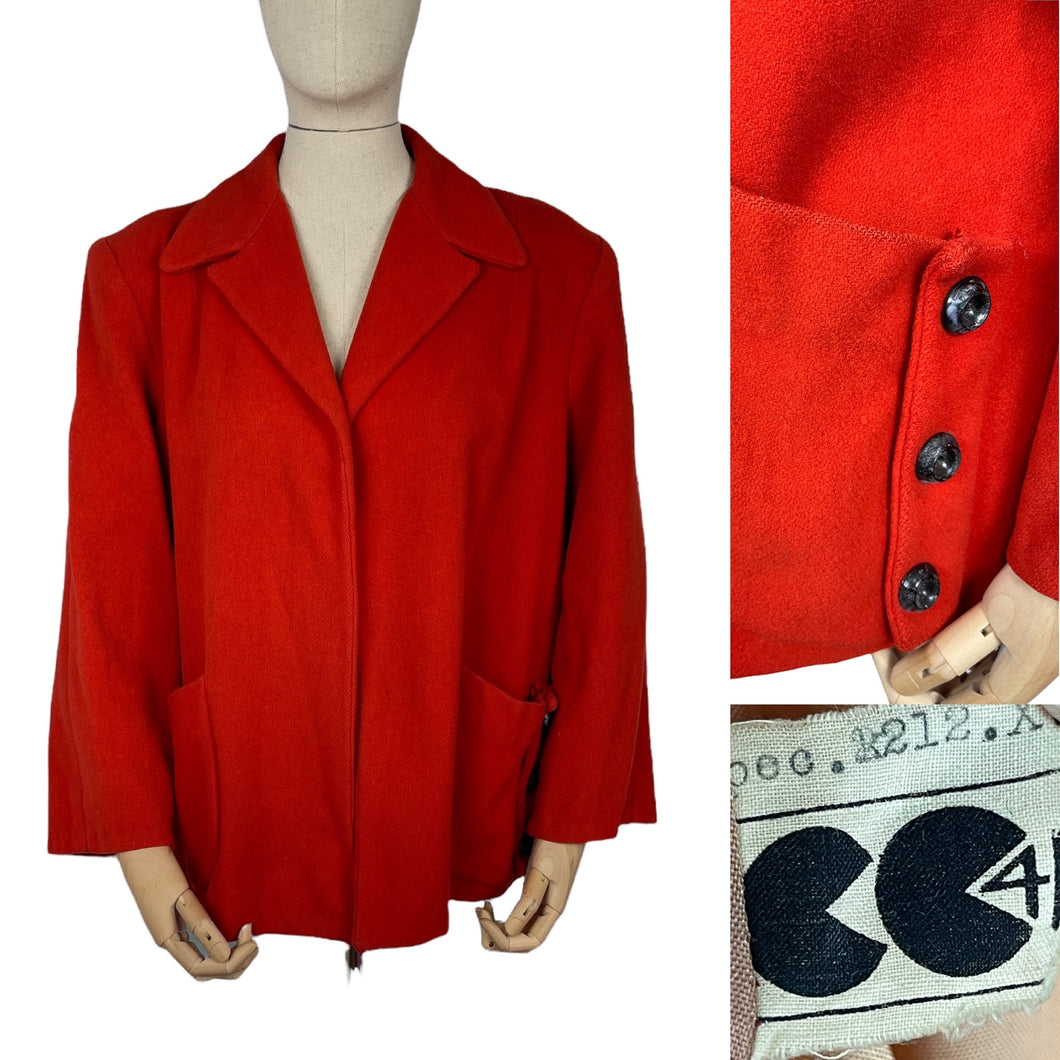 Original 1940's CC41 Pure Wool Swing Jacket In Tomato Red Shade with Pockets - Bust 42 44