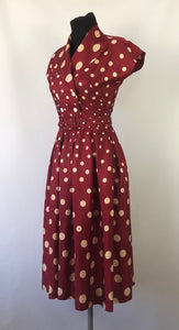 1940s 1950s Marie Moore Red & White Polka Dot Grosgrain Silk Dress - B32