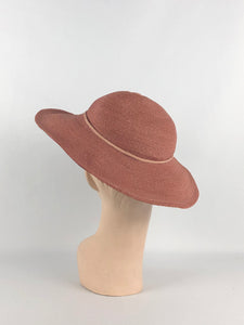 Original 1930s Salmon Pink Fine Straw Sun Hat with Grosgrain Trim