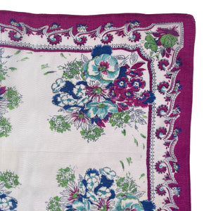 Original 1940's or 1950's Beautiful Floral Silk Crepe Hankie in Magenta, Turquoise, Blue and Green on White - Great Gift Idea