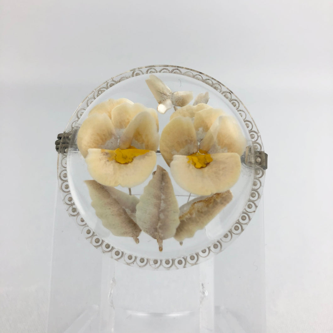 Original 1940s 1950s Reverse Carved Circular Lucite Brooch with Pansies *