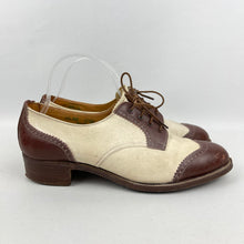 Load image into Gallery viewer, Original 1930&#39;s Cream Suede and Brown Leather Lace Up Walking Shoes - UK 6 or 6.5
