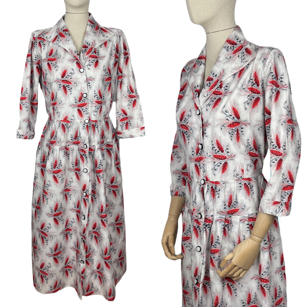 Original 1950's Black, White and Red Cotton Dress with Novelty Print of Wheat - Bust 36 38 *