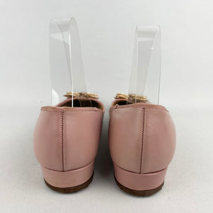 Original 1950's Baby Pink Leather Shoes with Gold Tone Trim - UK 4 4.5 *