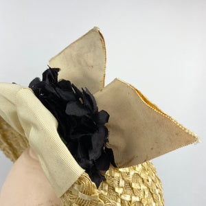 Original 1930s Natural Straw Hat with Cream and Black Trim
