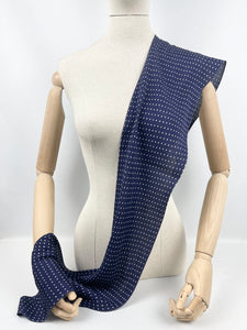 Original 1930's Dark Blue Dagger Point Scarf with Fine Polka Dot Detail - Great Christmas Gift