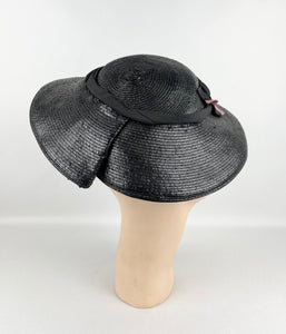 Original Late 1930's or Early 1940's Black Lacquered Straw Hat with Pink Grosgrain Trim
