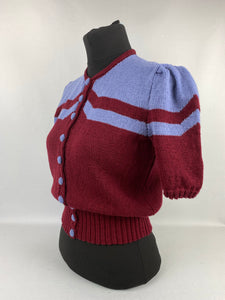 1940s Reproduction Cardigan Jacket in Burgundy and Lavender Blue Stripes - Bust 34 35 36
