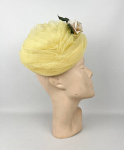 Original 1950's 1960's Yellow Net Hat with Rose Floral Trim - "A Jan Dec Hat"