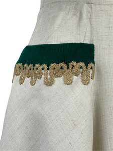 Original 1950s Natural Linen Dress with Kelly Green Trim and Soutache - Bust 36