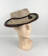 Load image into Gallery viewer, Original 1930s Two-Tone Brown Lacquered Straw Hat with Grosgrain Trim
