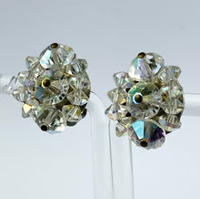 Load image into Gallery viewer, Vintage 1950&#39;s Aurora Borealis Faceted Clear Glass Clip-on Earrings on Silvertone Clips
