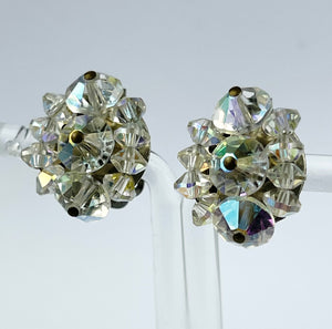 Vintage 1950's Aurora Borealis Faceted Clear Glass Clip-on Earrings on Silvertone Clips