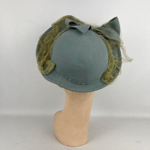 Original 1930’s 1940’s Blue Grey Bogie De Bow Felt Hat with Bow and Net Trim with Matching Hat Pins