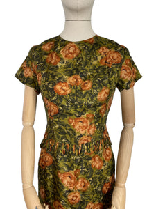 Original 1950's Fine Silk Dress in Green and Brown Autumnal Print - Stylish Piece - Bust 35 36