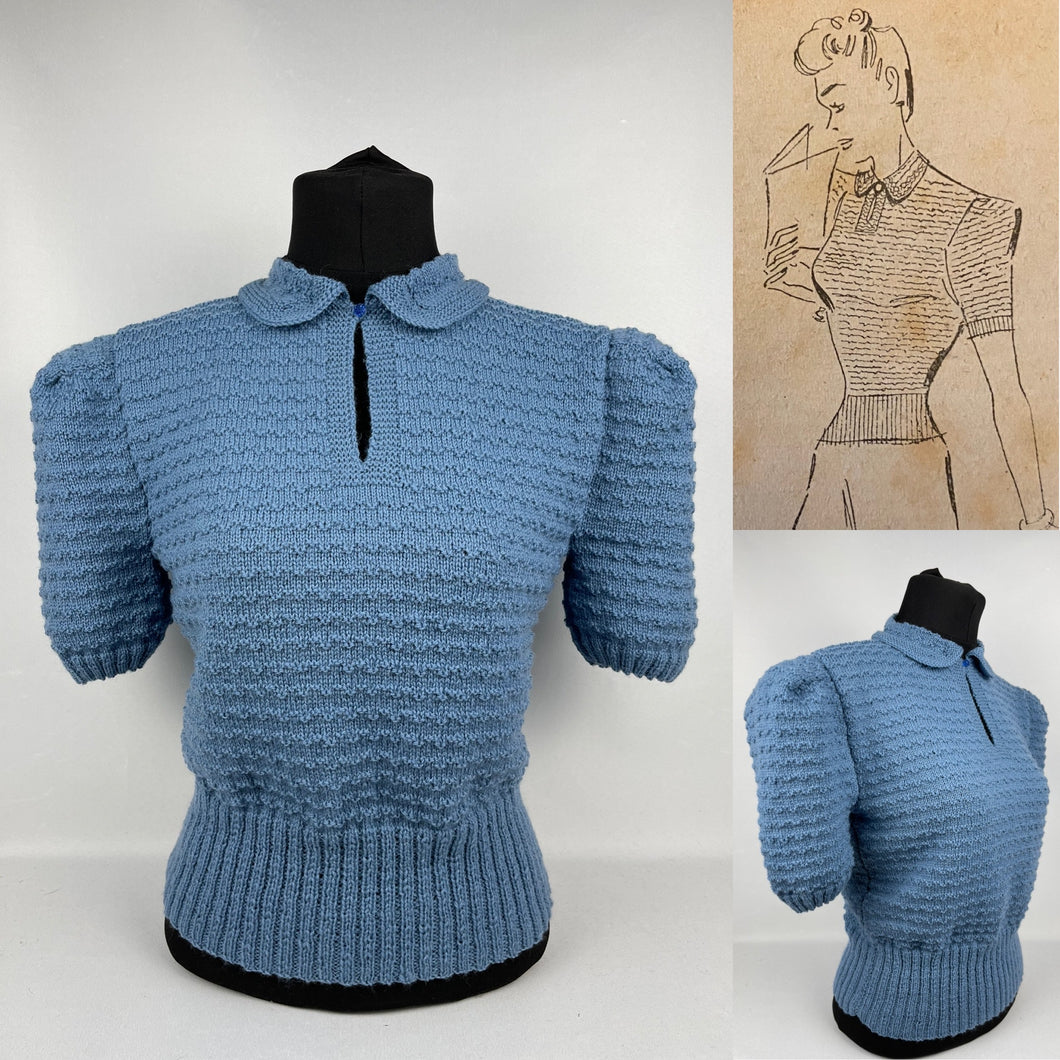 Reproduction 1940s Hand Knitted Jumper in Soft Blue with Smart Collar - Bust 38