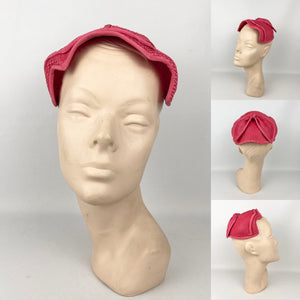 Original 1950's Vibrant Pink Straw Hat with Back Bow - Classic Shape *