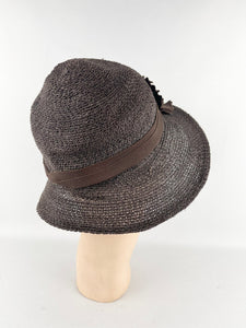 Original Late 1920's or Early 1930's Dark Brown Straw Cloche Hat with Grosgrain Trim *