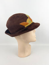 Load image into Gallery viewer, Original 1930’s Warm Brown Fur Felt Hat with Appliqué Trim in Green, Rust and Mustard *
