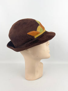 Original 1930’s Warm Brown Fur Felt Hat with Appliqué Trim in Green, Rust and Mustard *