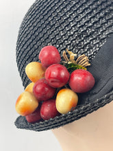 Load image into Gallery viewer, Original 1930s Black Straw Cloche Hat with Charming Cherry Trim

