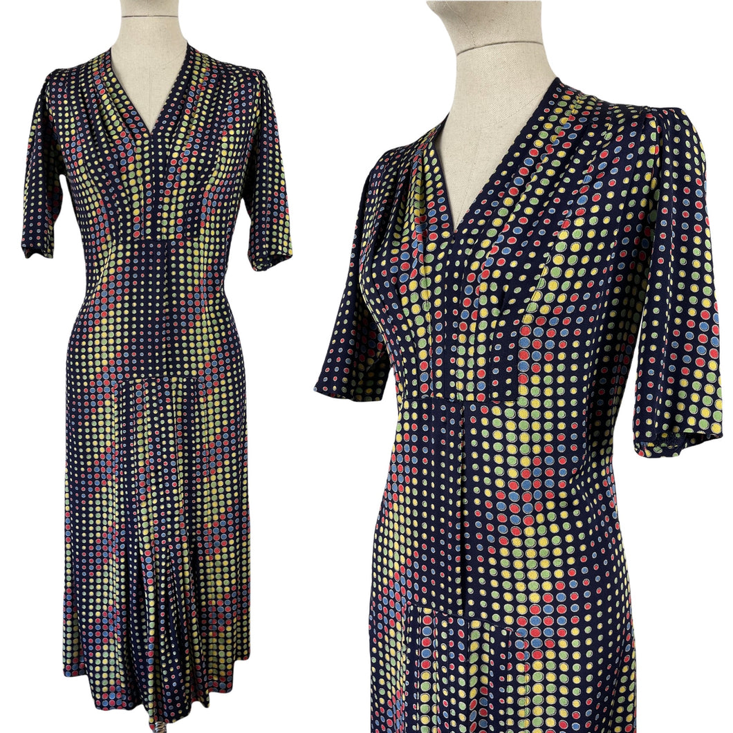 Original 1930s Day Dress - Navy with Red, Green, Yellow and Blue Dot Print - Bust 36 37 38