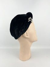 Load image into Gallery viewer, Original 1930s Close Fitting Black Velvet Hat with Padded Brim and Paste Trim
