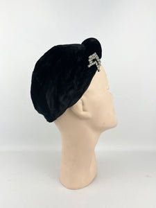 Original 1930s Close Fitting Black Velvet Hat with Padded Brim and Paste Trim
