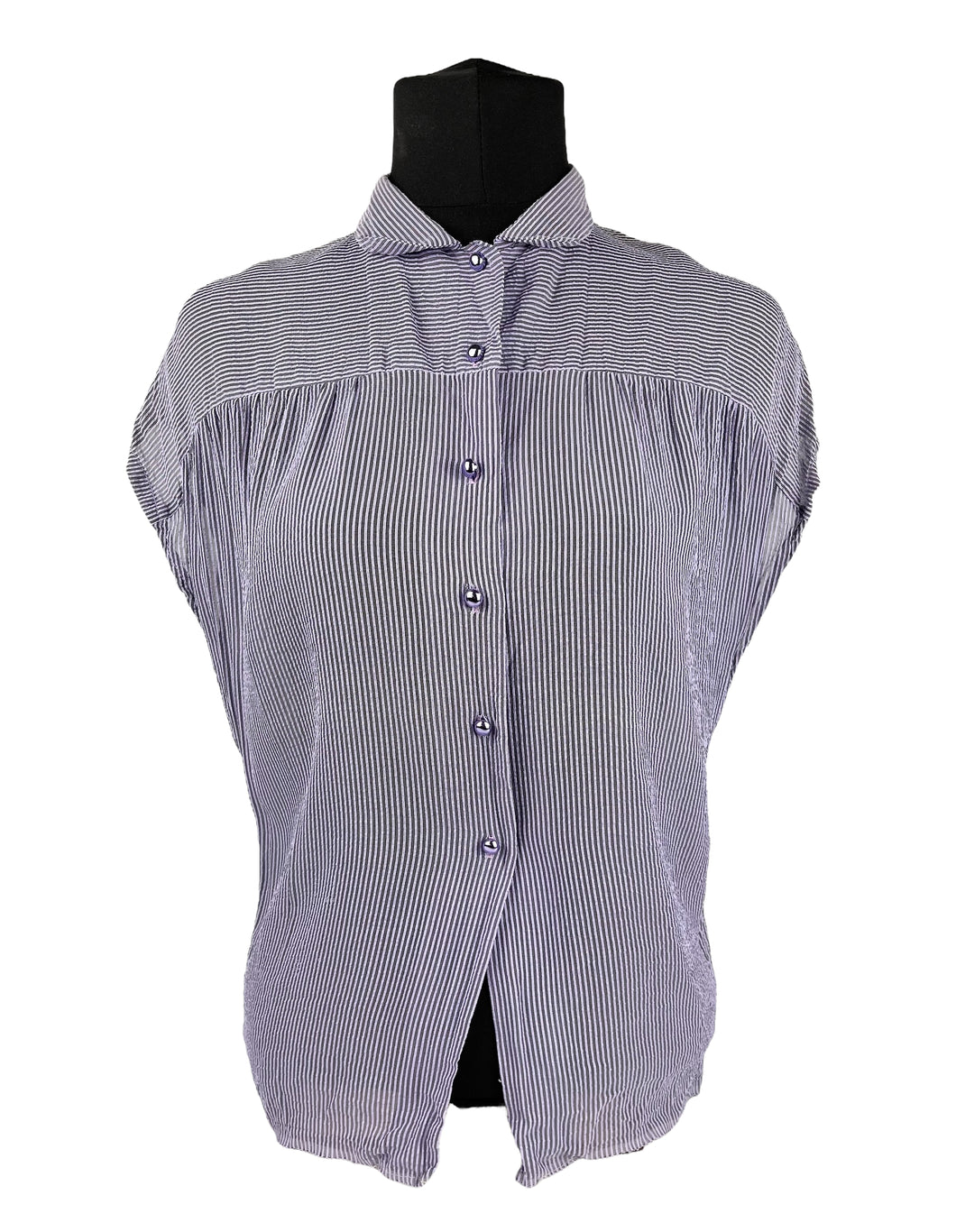 Original 1940's 1950's Purple and White Stripe Blouse with Purple Glass Buttons - Bust 36