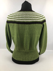 Reproduction 1930s Hand Knitted Jumper in Soft Green with Brown and Cream Stripes B 35" 36" 37"