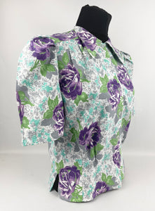 1940's Reproduction Floral Print Blouse with Large Purple Roses and Faceted Glass Buttons Made From an Original 1940's Feed Sack - Bust 34"