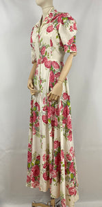 Original 1940s White Hostess Gown with Pretty Pink Rose Print - Great Maxi Dress - Bust 36" 38"
