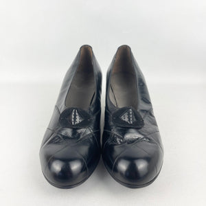 Original 1930's 1940's Deadstock in Box Black Glace Kid Leather Court Shoes by Diana - UK 6 6.5