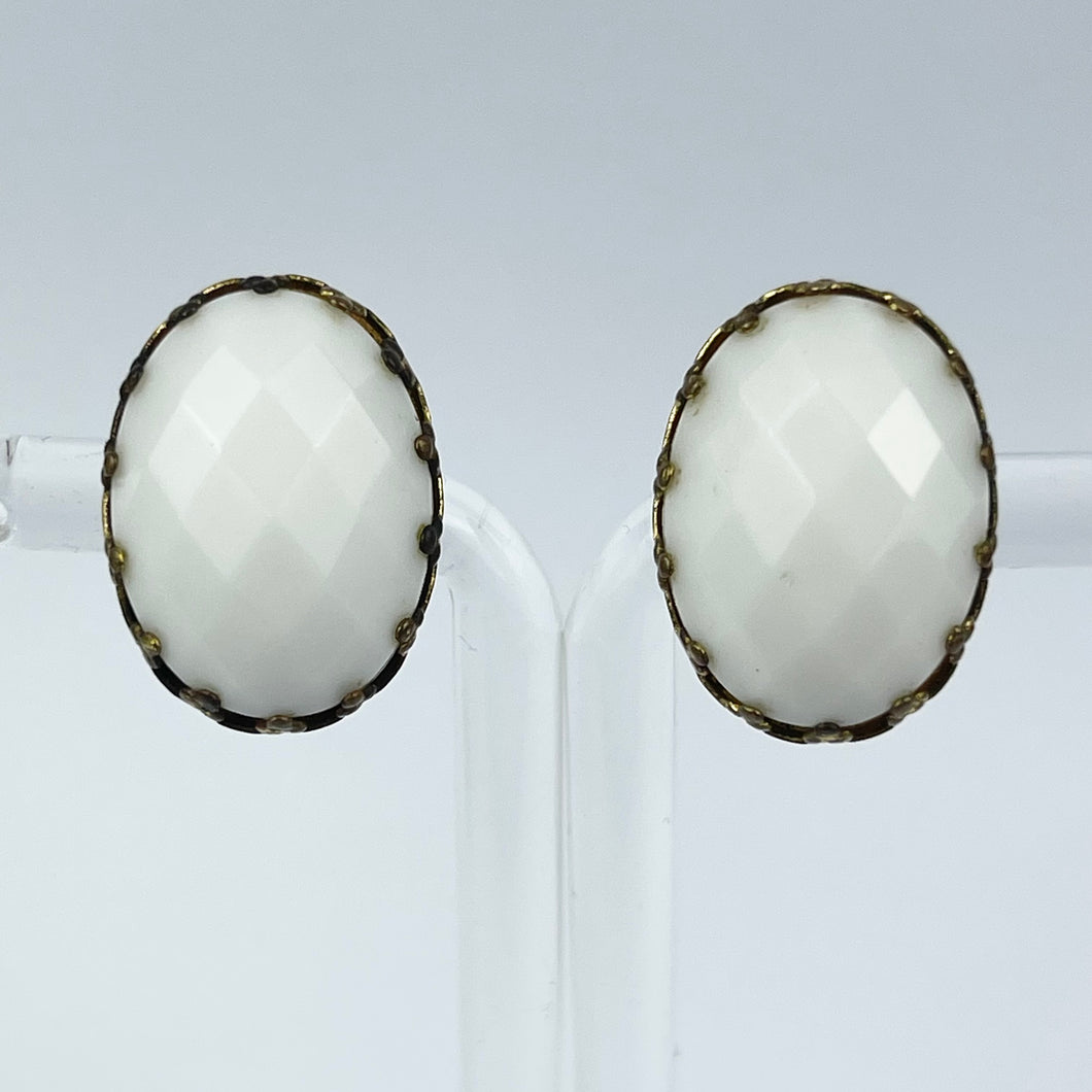 Vintage Faceted White Glass Clip-on Earrings on Gold-tone Clips